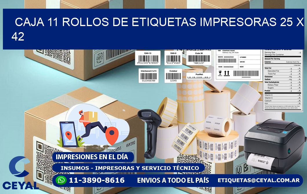 CAJA 11 ROLLOS DE ETIQUETAS IMPRESORAS 25 x 42