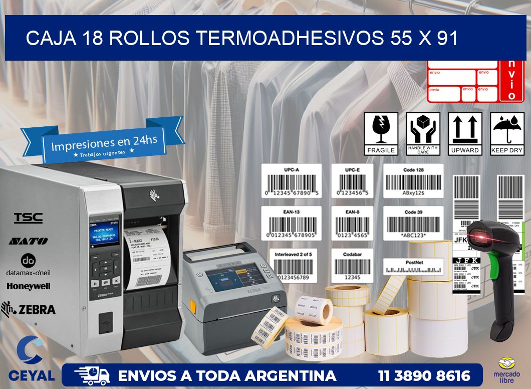 CAJA 18 ROLLOS TERMOADHESIVOS 55 x 91