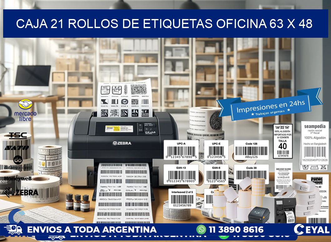 CAJA 21 ROLLOS DE ETIQUETAS OFICINA 63 x 48