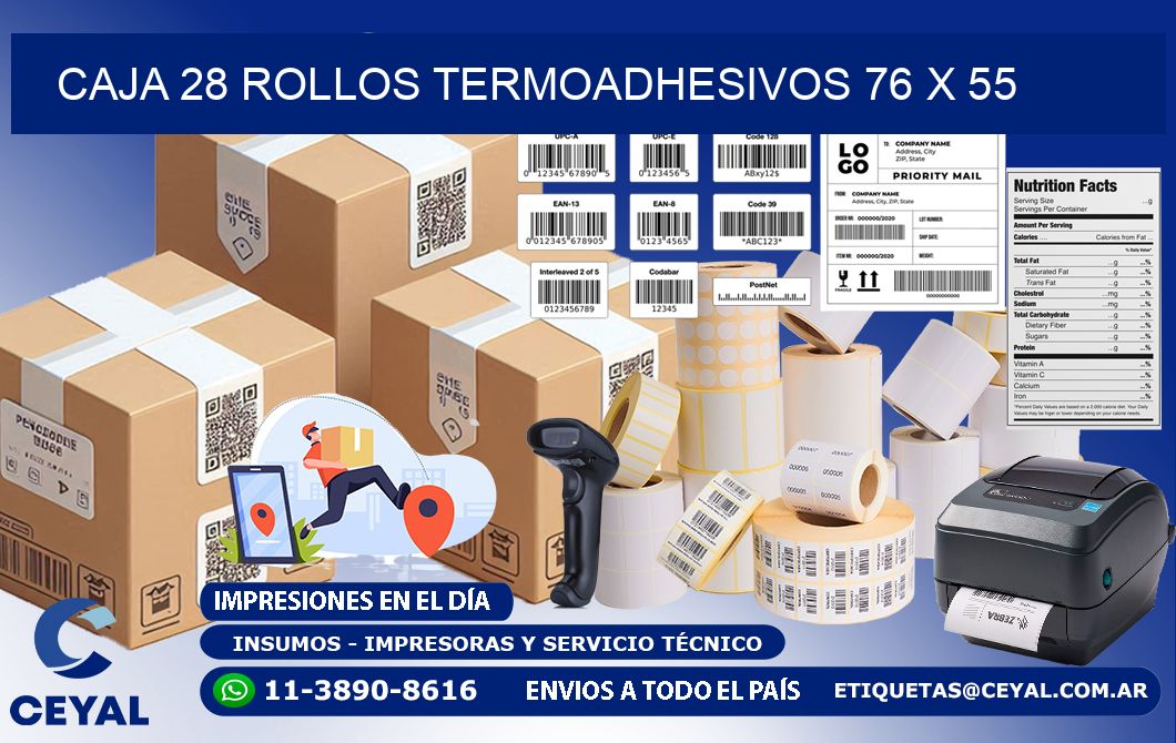 CAJA 28 ROLLOS TERMOADHESIVOS 76 x 55