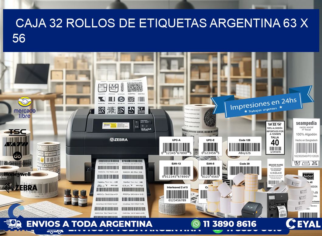 CAJA 32 ROLLOS DE ETIQUETAS ARGENTINA 63 x 56