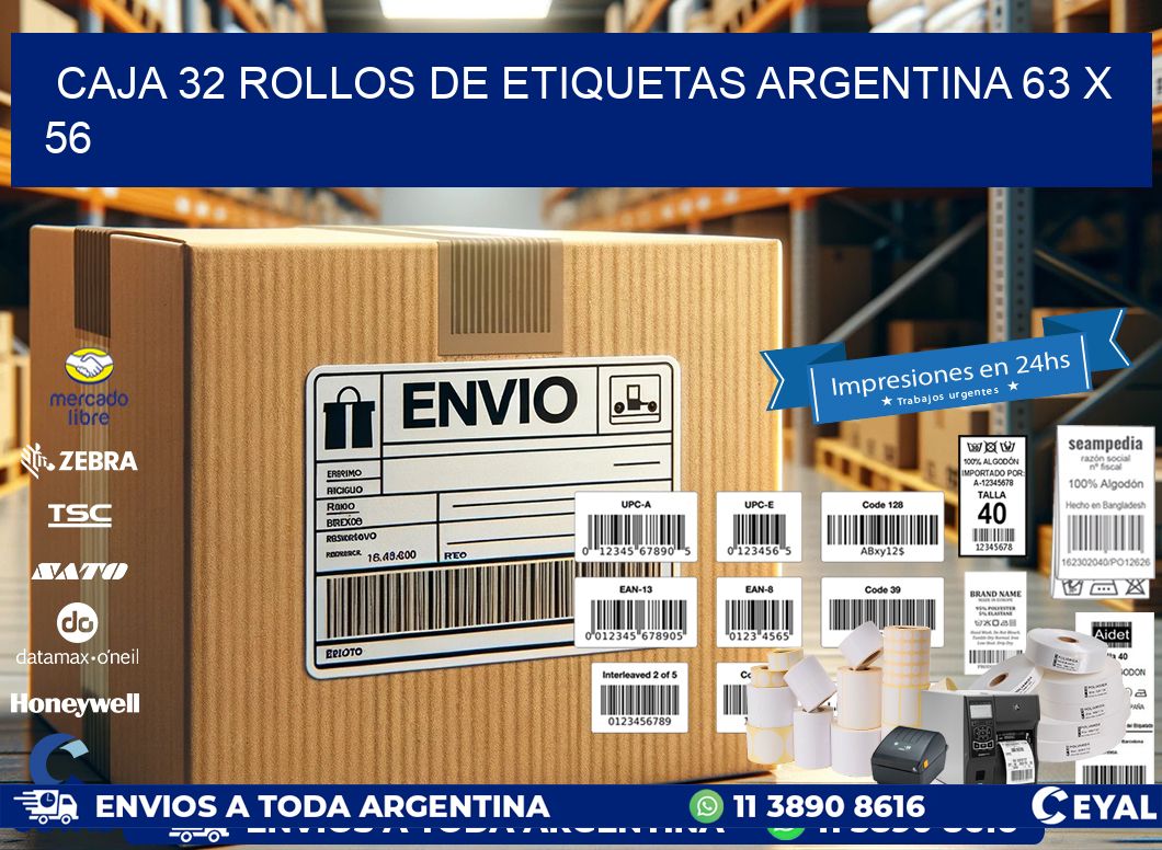 CAJA 32 ROLLOS DE ETIQUETAS ARGENTINA 63 x 56