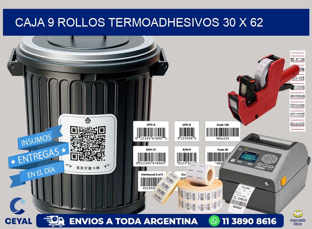 CAJA 9 ROLLOS TERMOADHESIVOS 30 x 62