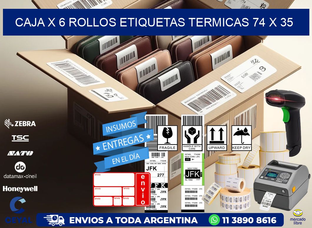 Caja X 6 Rollos Etiquetas termicas 74 x 35