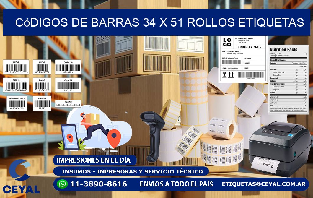 Códigos de Barras 34 x 51 ROLLOS ETIQUETAS