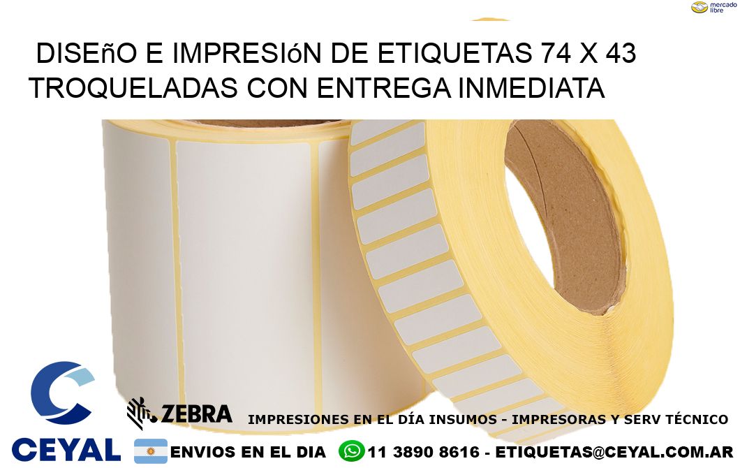 Diseño e impresión de etiquetas 74 x 43 troqueladas con entrega inmediata
