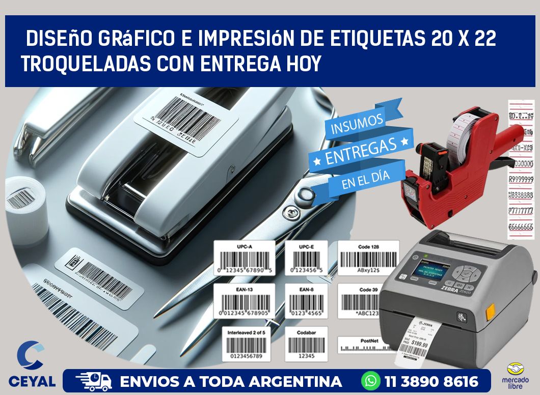 Diseño gráfico e impresión de etiquetas 20 x 22 troqueladas con entrega hoy