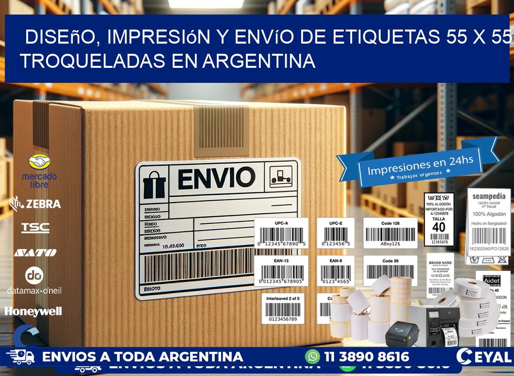 Diseño, impresión y envío de etiquetas 55 x 55 troqueladas en Argentina