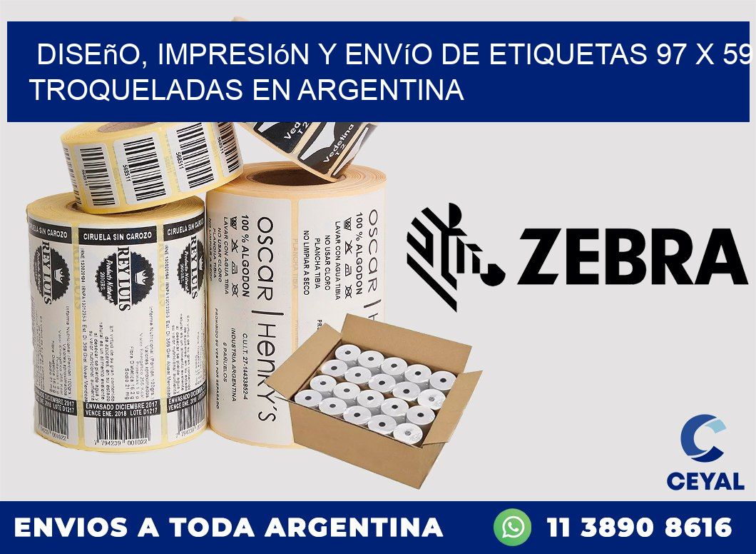 Diseño, impresión y envío de etiquetas 97 x 59 troqueladas en Argentina
