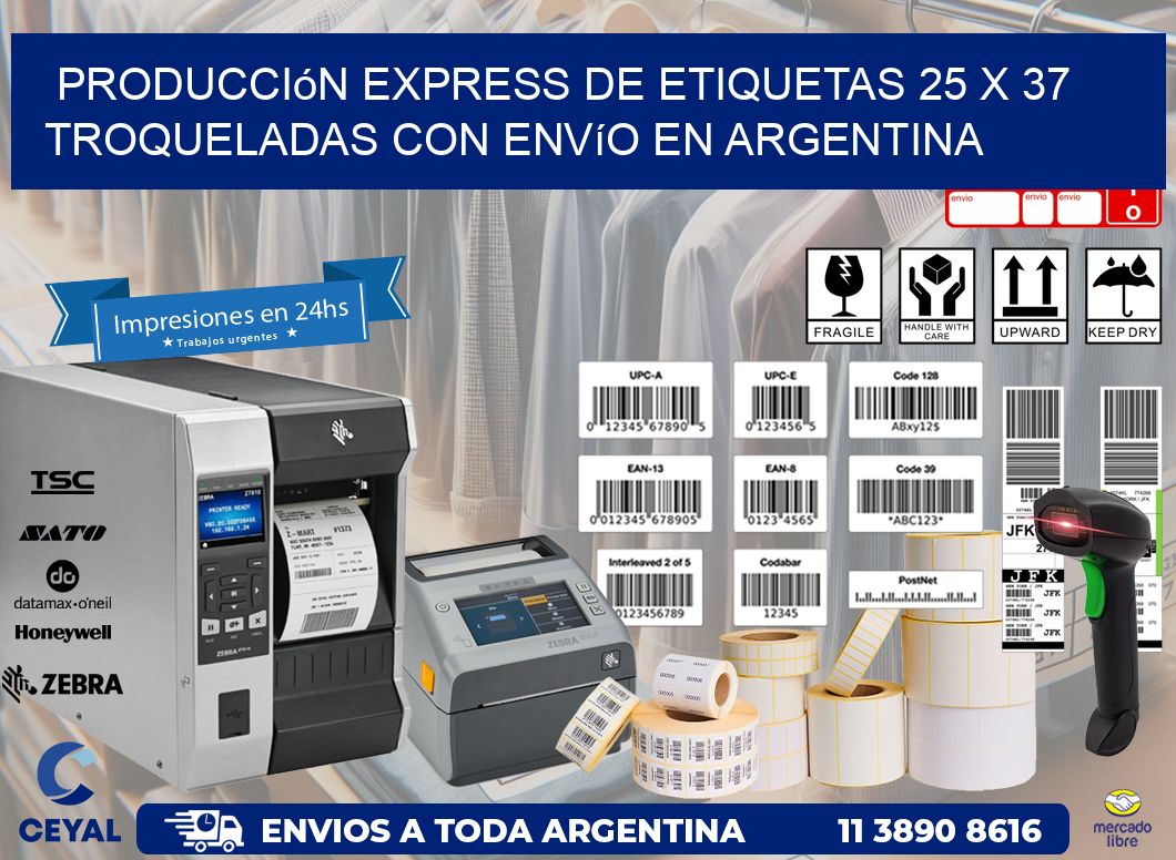 Producción express de etiquetas 25 x 37 troqueladas con envío en Argentina