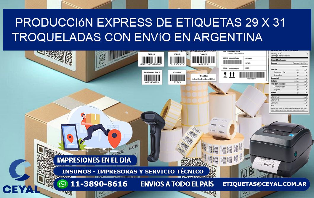 Producción express de etiquetas 29 x 31 troqueladas con envío en Argentina