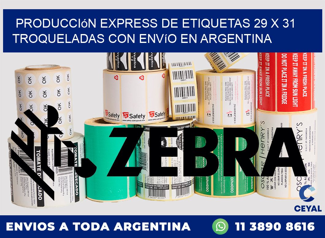 Producción express de etiquetas 29 x 31 troqueladas con envío en Argentina