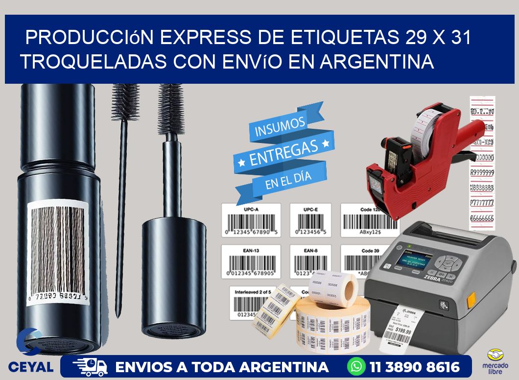 Producción express de etiquetas 29 x 31 troqueladas con envío en Argentina