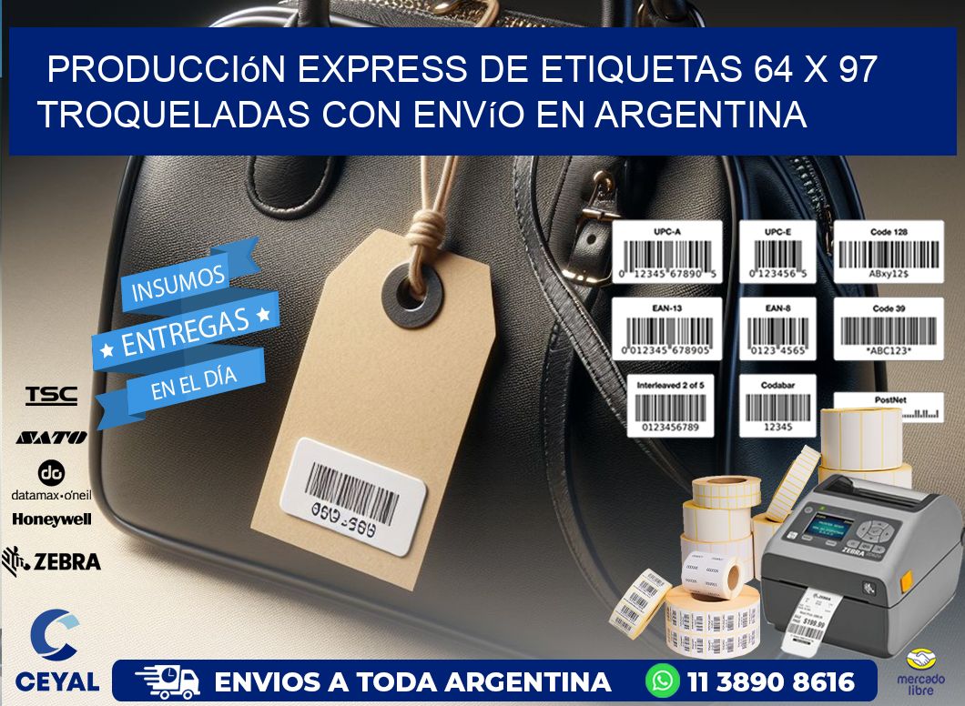 Producción express de etiquetas 64 x 97 troqueladas con envío en Argentina