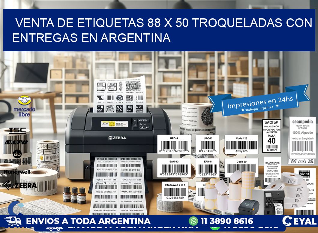 Venta de etiquetas 88 x 50 troqueladas con entregas en Argentina
