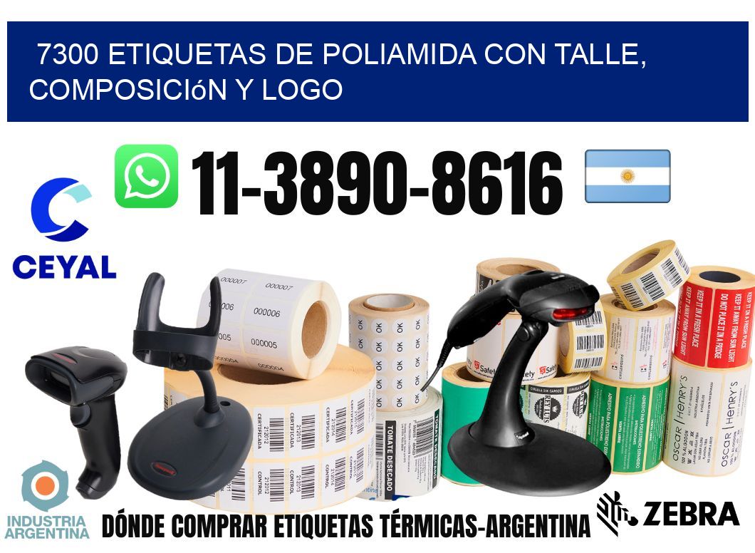 7300 Etiquetas de poliamida con talle, composición y logo
