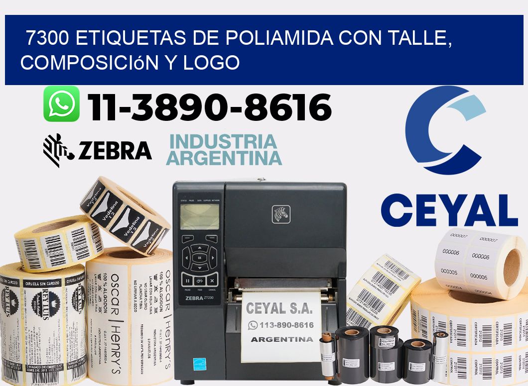 7300 Etiquetas de poliamida con talle, composición y logo