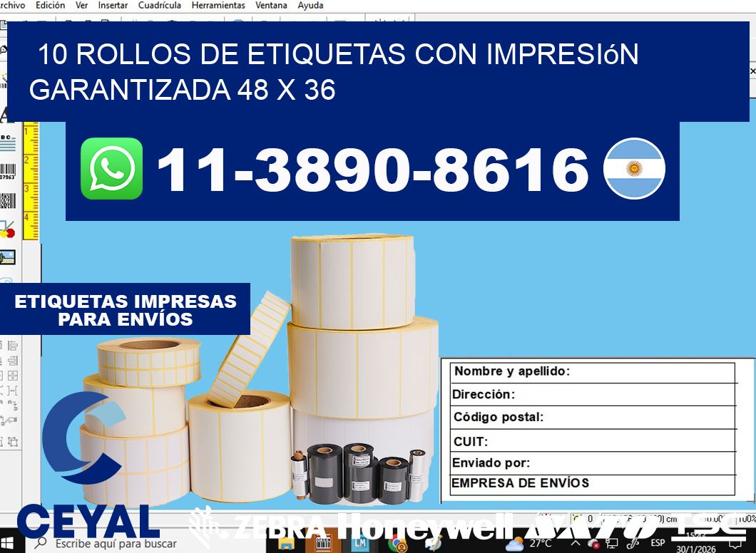 10 rollos de etiquetas con impresión garantizada 48 x 36