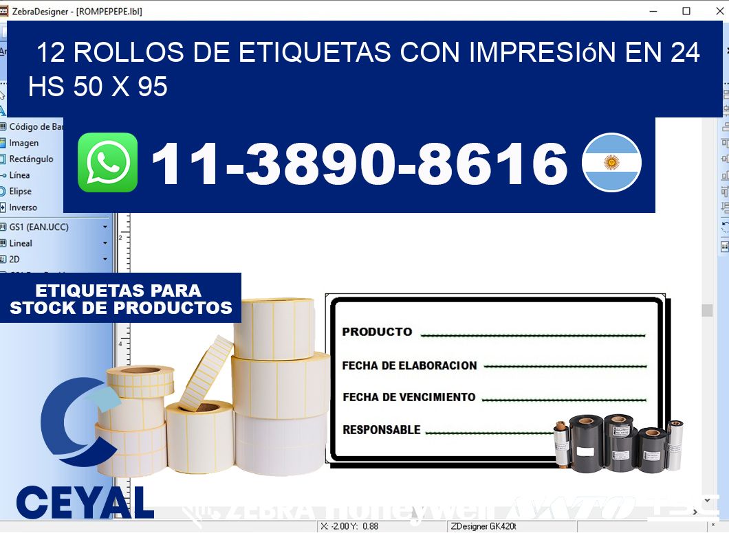 12 rollos de etiquetas con impresión en 24 hs 50 x 95