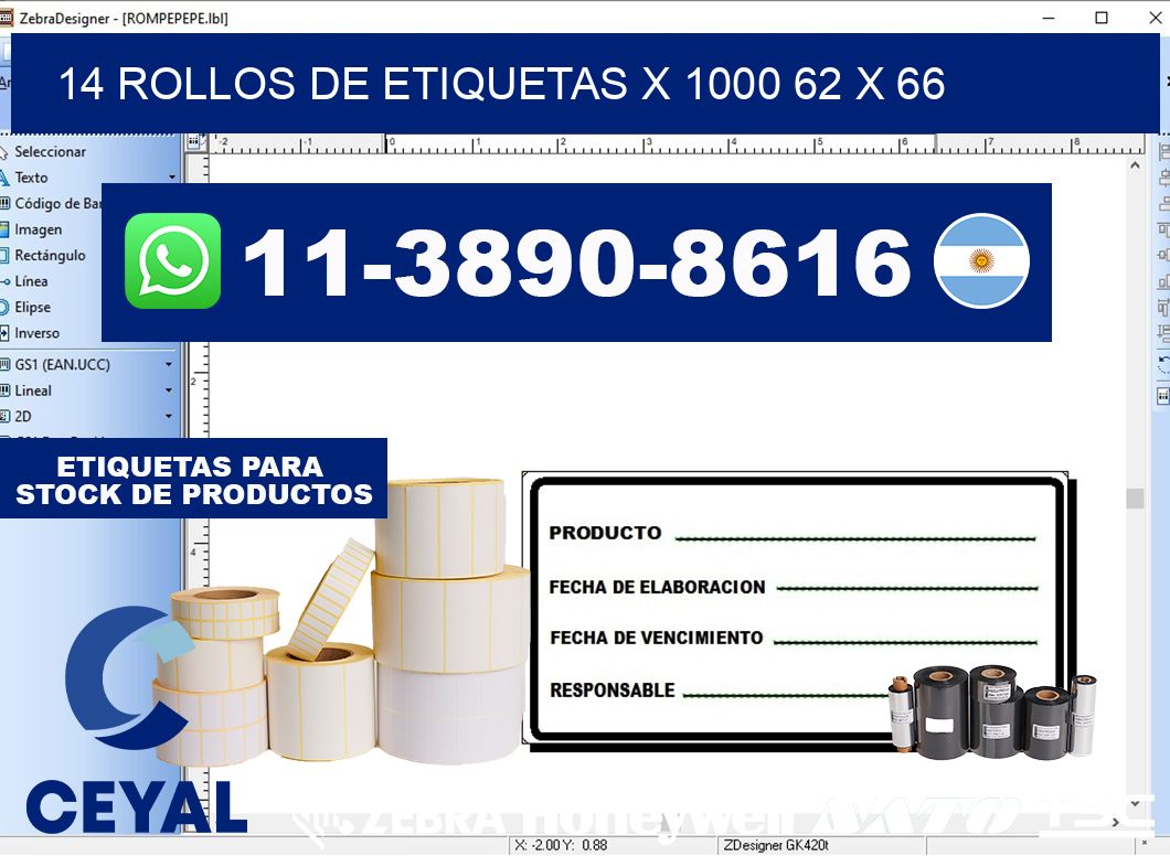 14 rollos de etiquetas x 1000 62 x 66