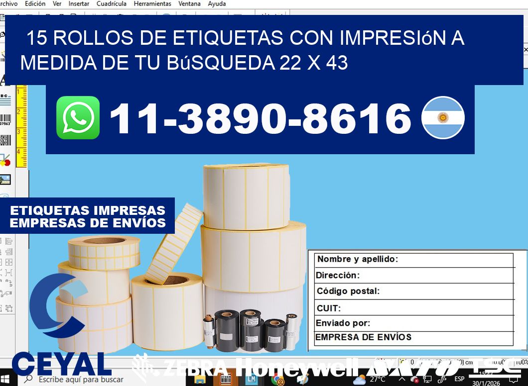 15 rollos de etiquetas con impresión a medida de tu búsqueda 22 x 43
