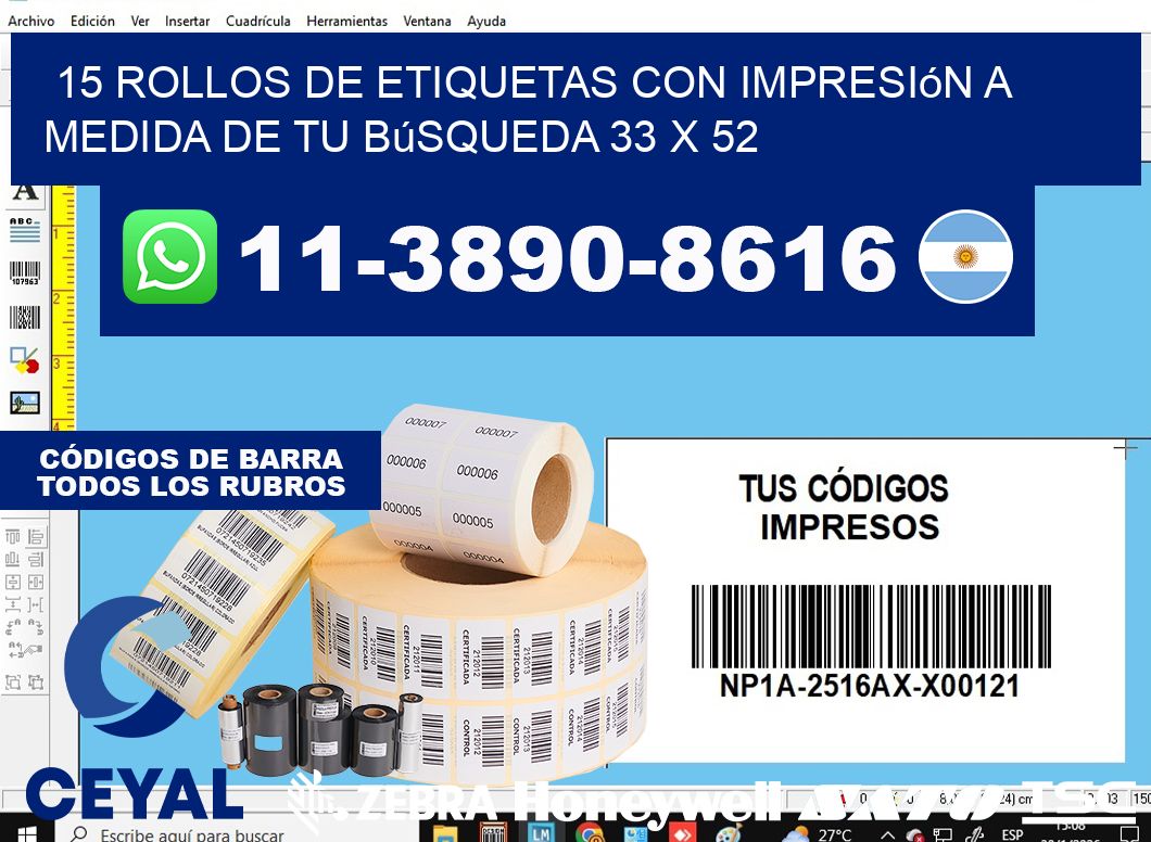 15 rollos de etiquetas con impresión a medida de tu búsqueda 33 x 52