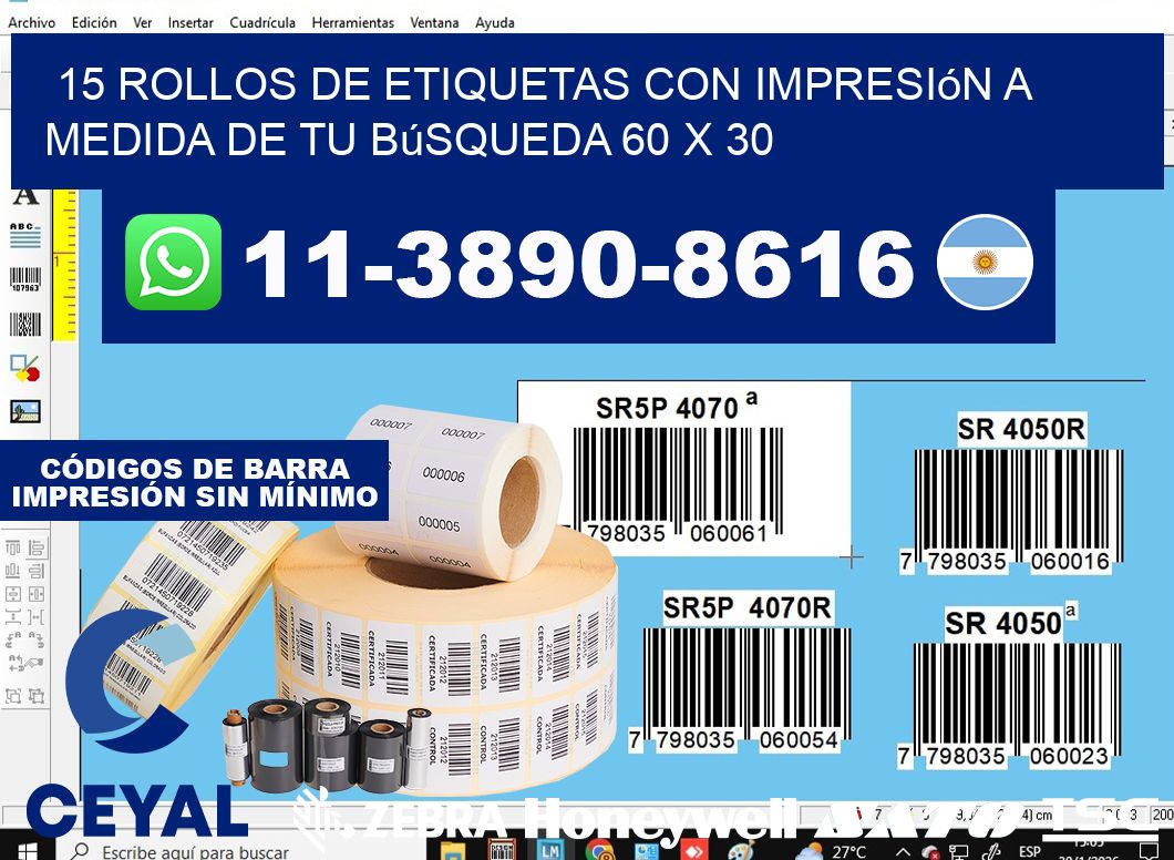 15 rollos de etiquetas con impresión a medida de tu búsqueda 60 x 30