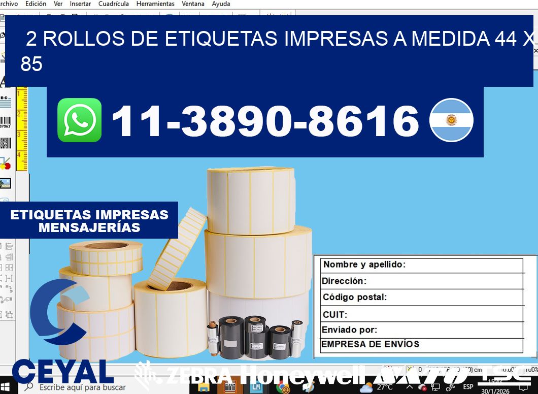 2 rollos de etiquetas impresas a medida 44 x 85
