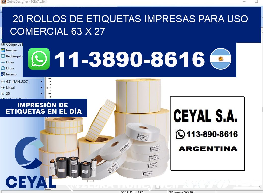 20 rollos de etiquetas impresas para uso comercial 63 x 27