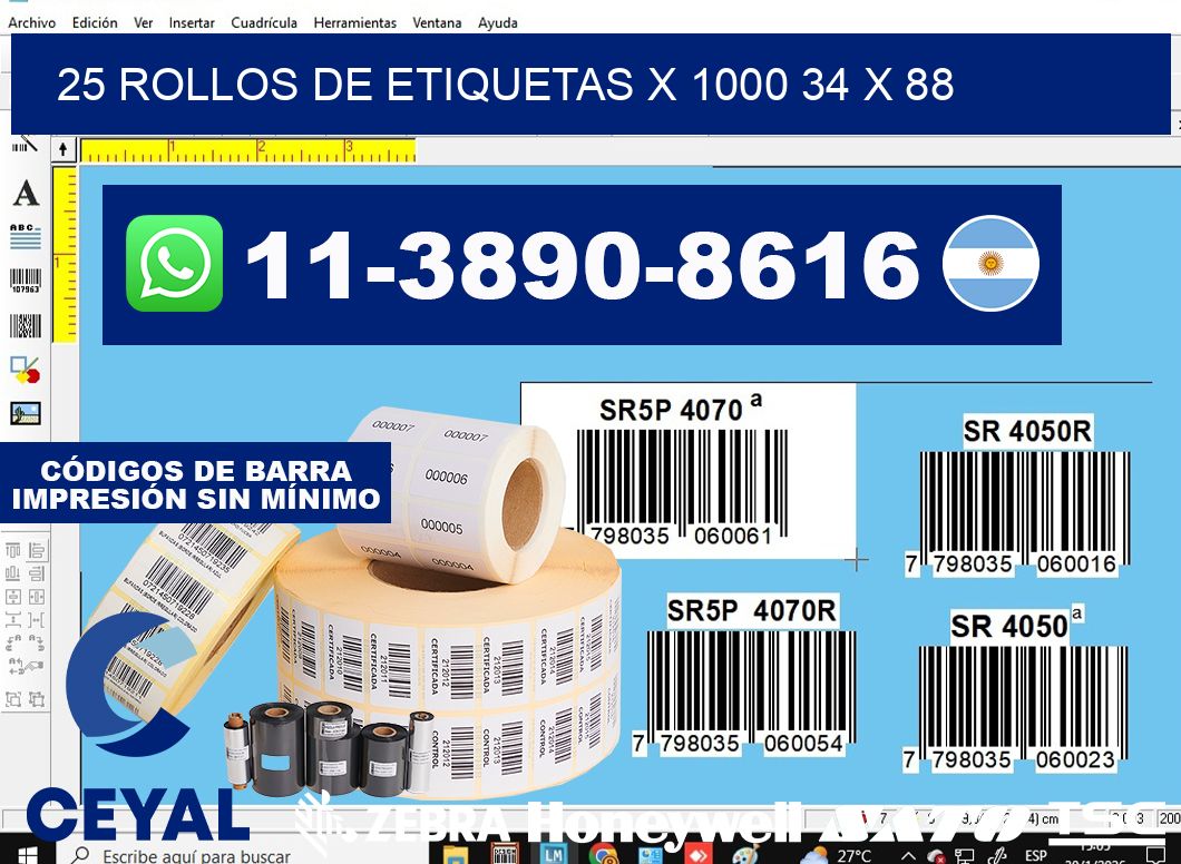 25 rollos de etiquetas x 1000 34 x 88