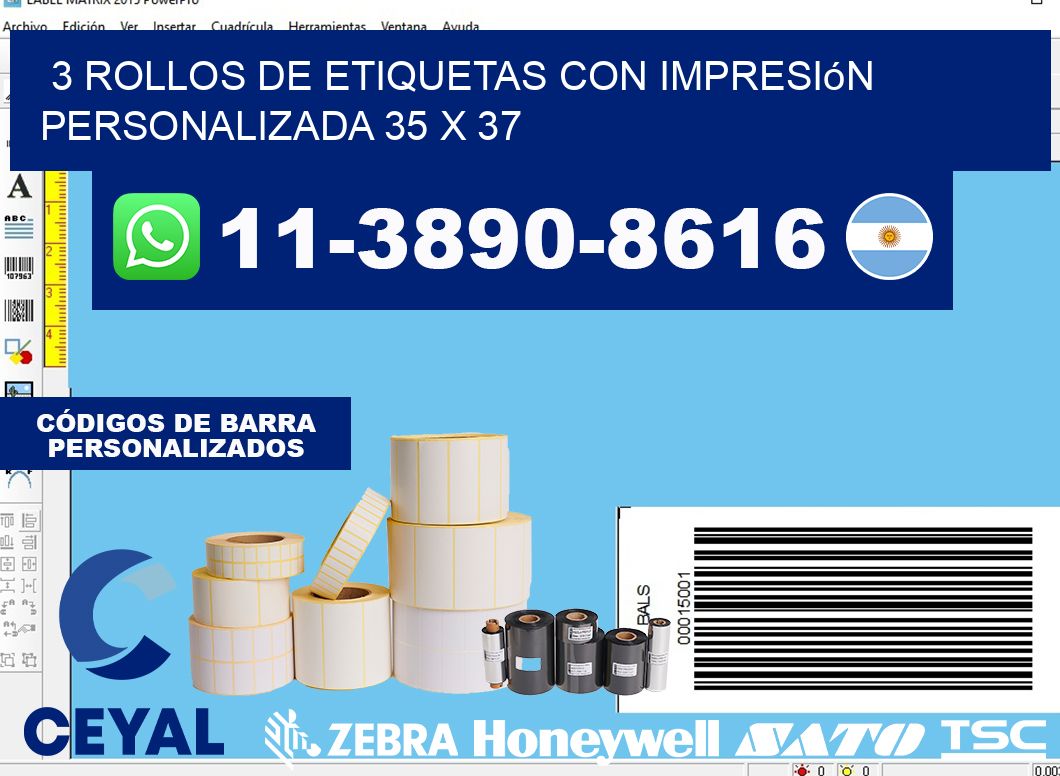 3 rollos de etiquetas con impresión personalizada 35 x 37