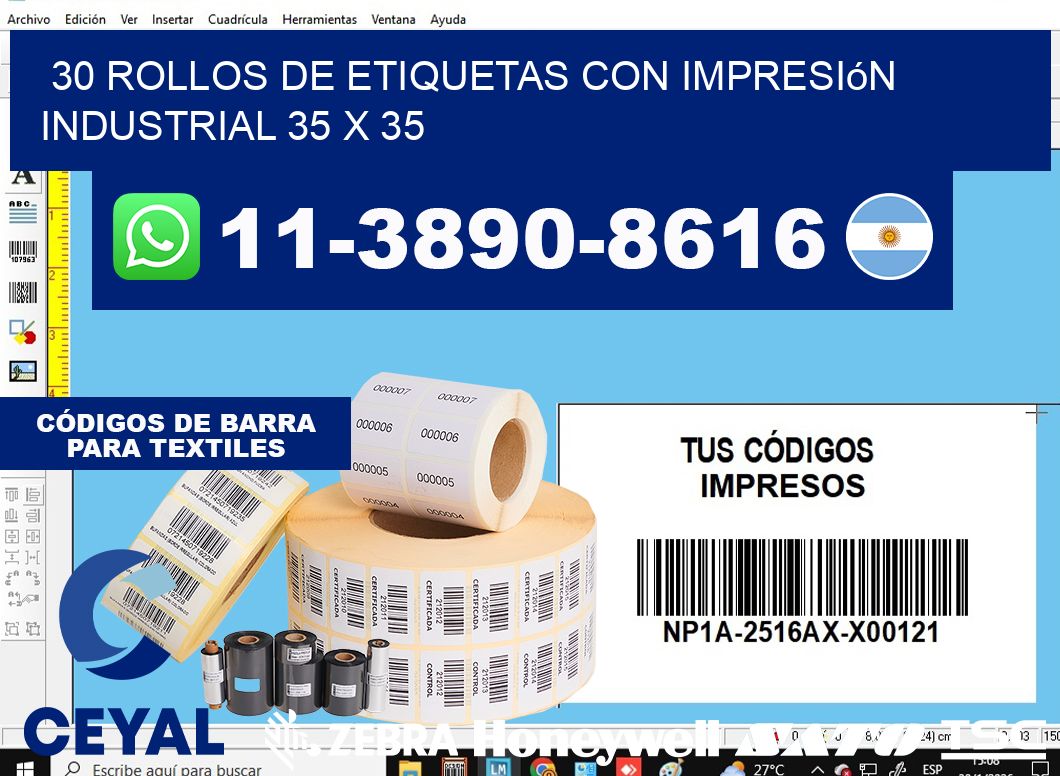 30 rollos de etiquetas con impresión industrial 35 x 35