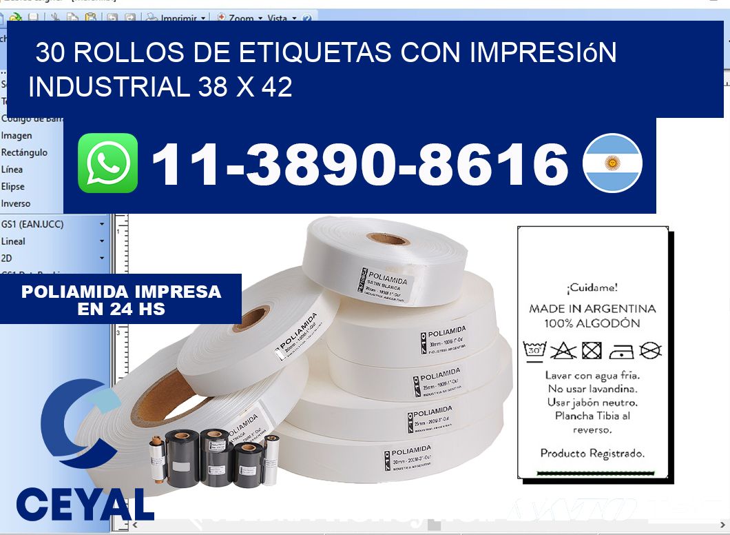 30 rollos de etiquetas con impresión industrial 38 x 42