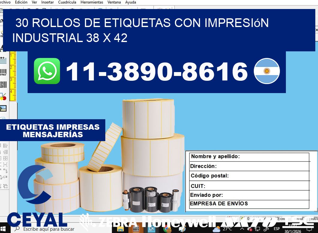 30 rollos de etiquetas con impresión industrial 38 x 42