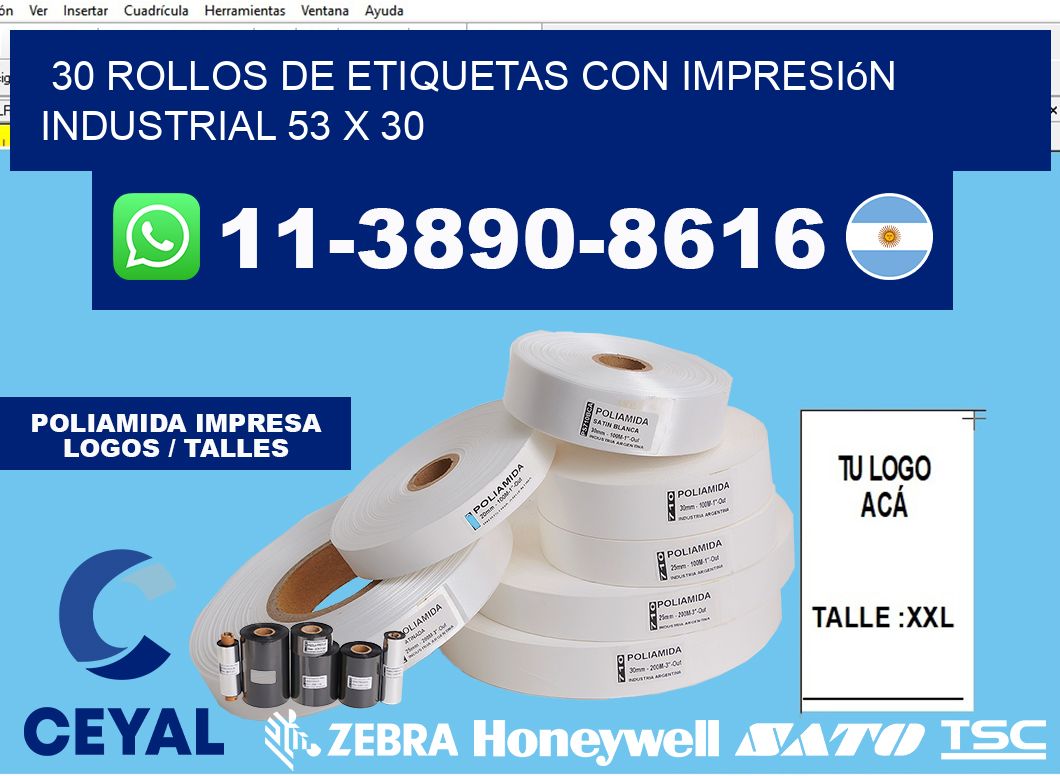 30 rollos de etiquetas con impresión industrial 53 x 30