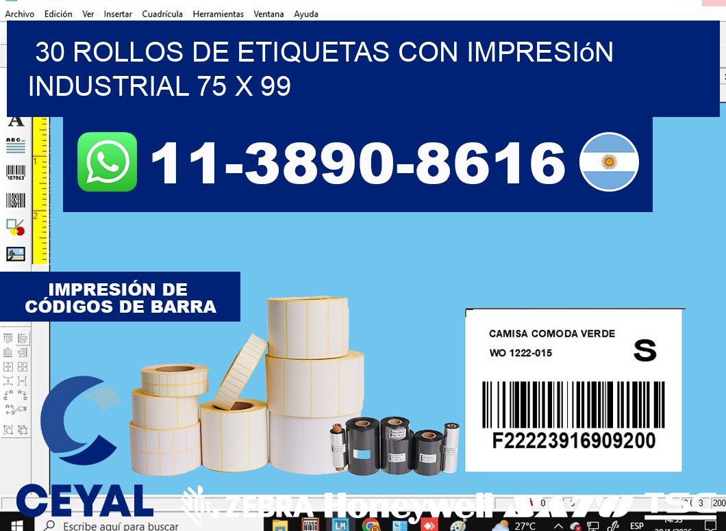 30 rollos de etiquetas con impresión industrial 75 x 99