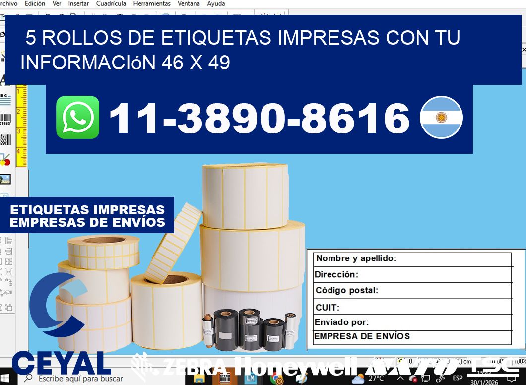 5 rollos de etiquetas impresas con tu información 46 x 49