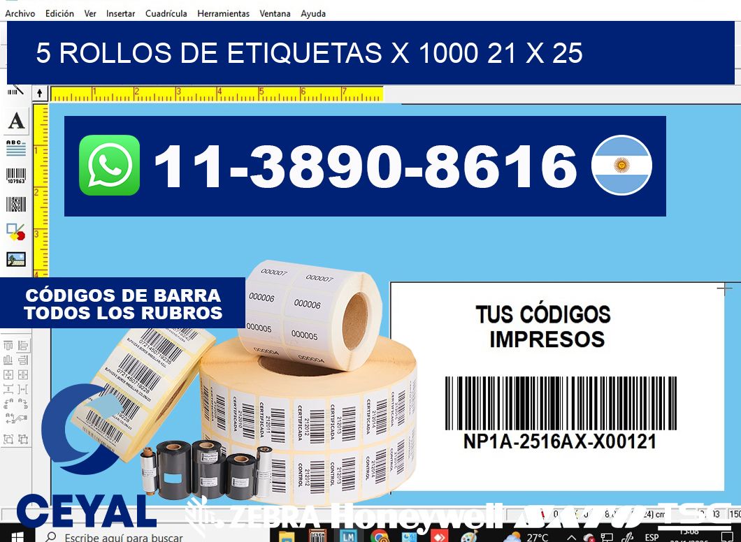 5 rollos de etiquetas x 1000 21 x 25