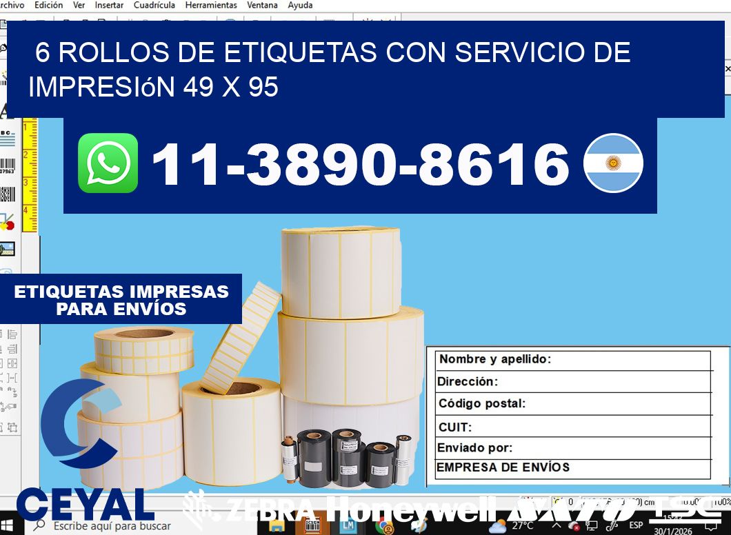 6 rollos de etiquetas con servicio de impresión 49 x 95