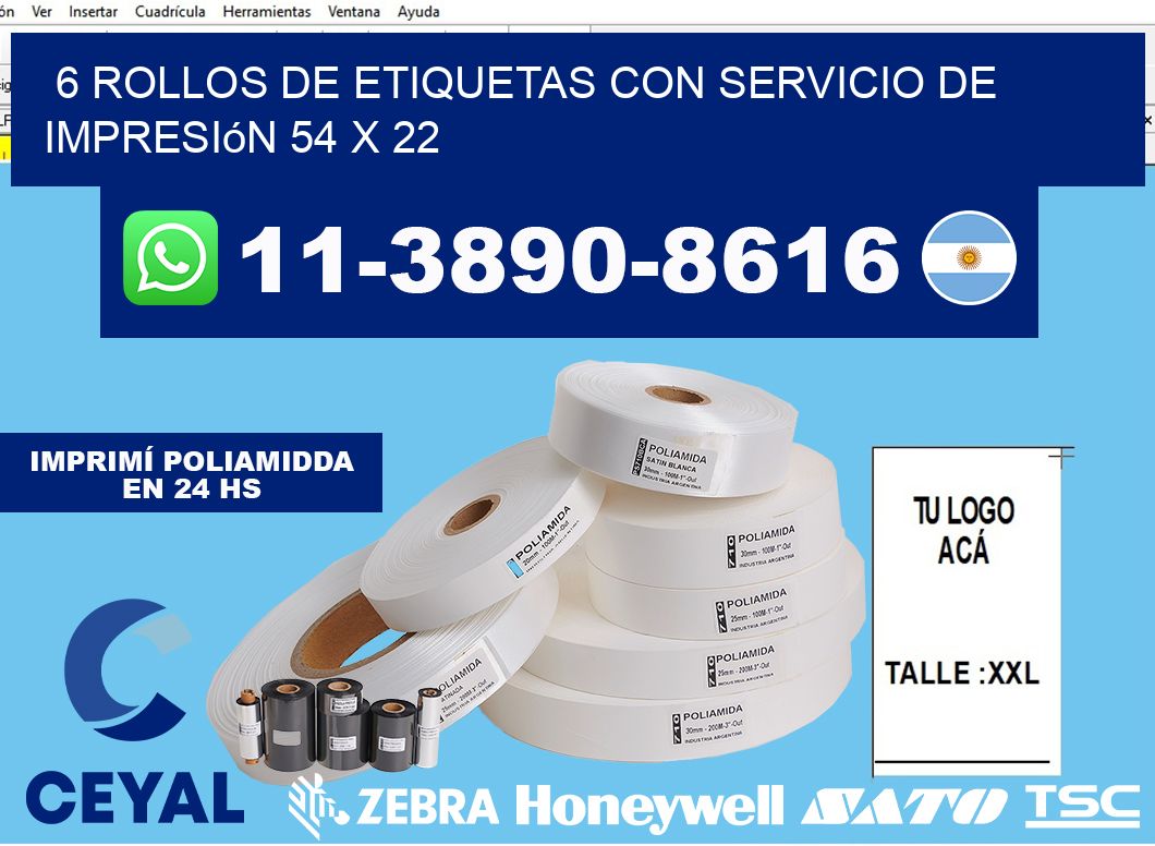6 rollos de etiquetas con servicio de impresión 54 x 22