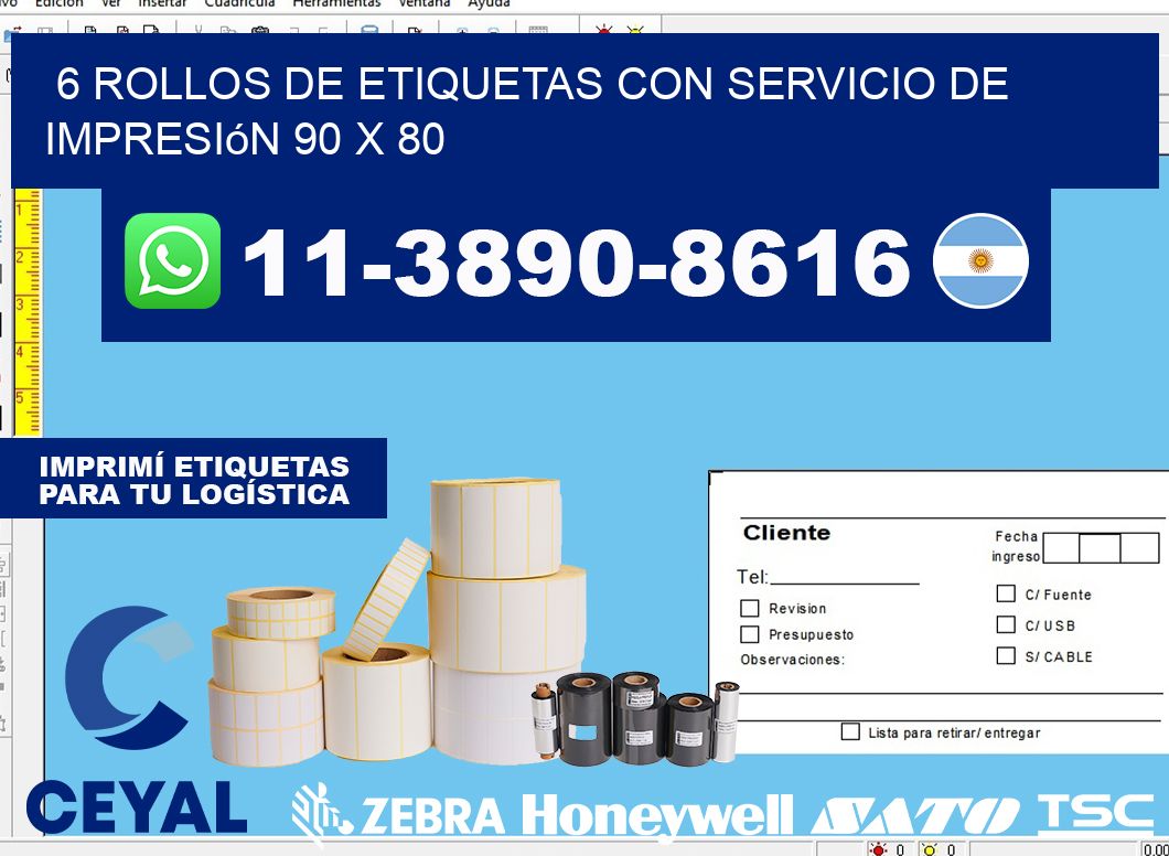 6 rollos de etiquetas con servicio de impresión 90 x 80