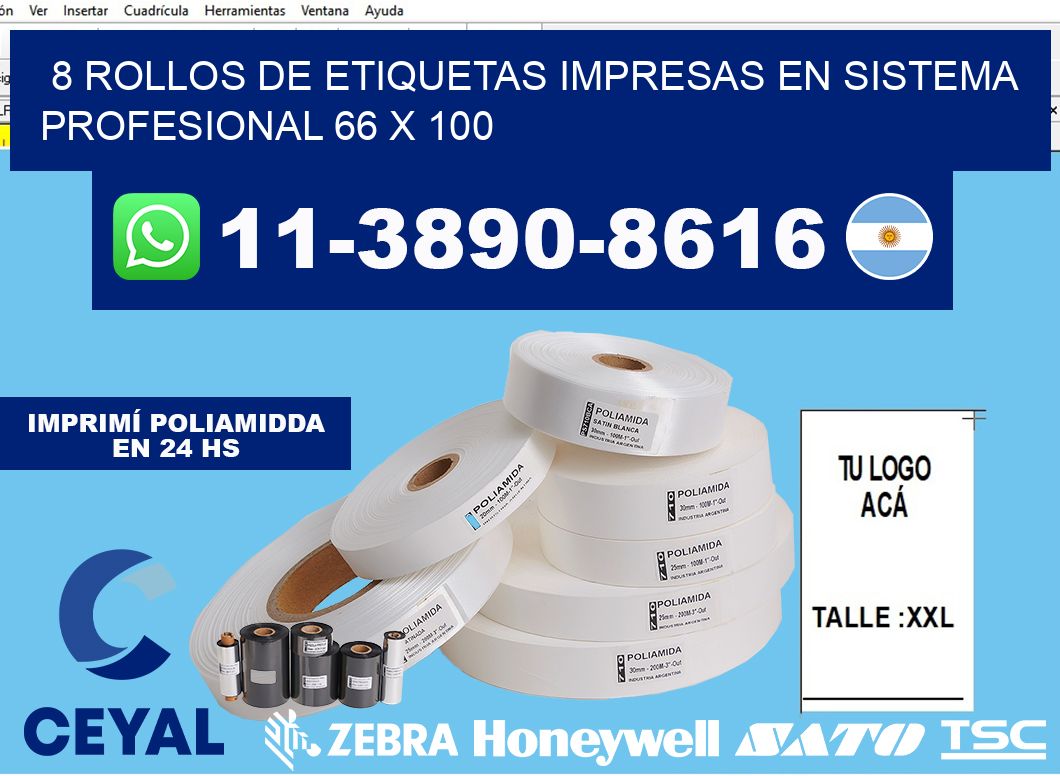 8 rollos de etiquetas impresas en sistema profesional 66 x 100