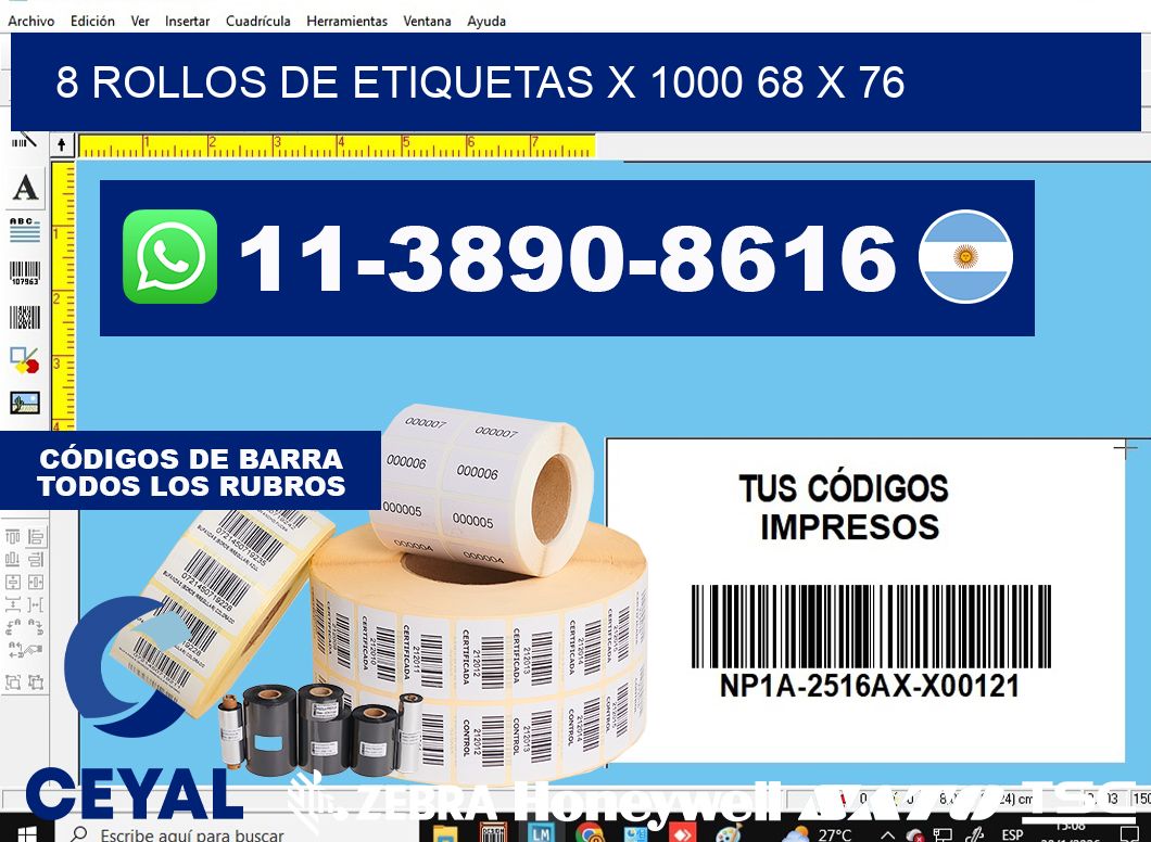 8 rollos de etiquetas x 1000 68 x 76
