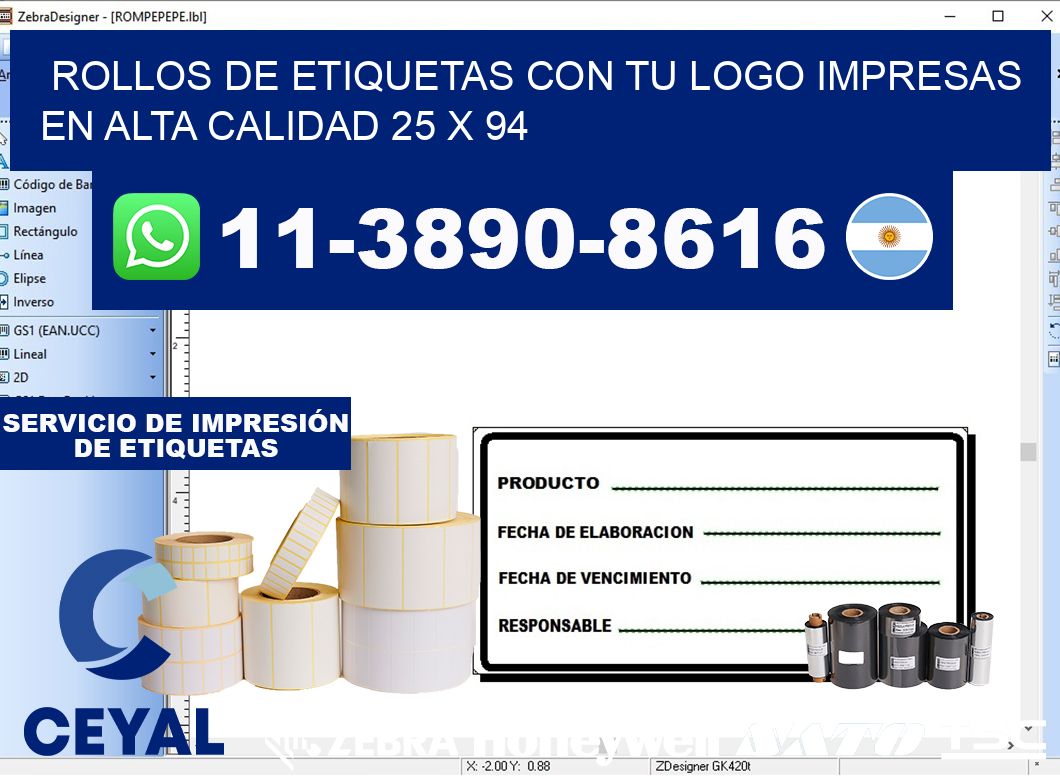 rollos de etiquetas con tu logo impresas en alta calidad 25 x 94
